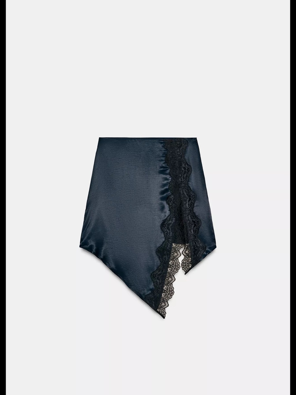 Zara navy blue satin asymmetrical skirt with black lace trim